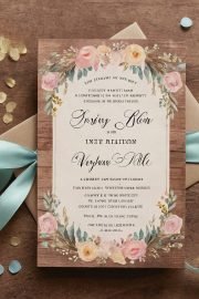 Elegant floral wedding invitation on rustic wood, adorned with rose accents and pastel colors.