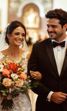 A joyful bride and groom walk down aisle, surrounded by family and friends in beautiful wedding ceremony. Their smiles radiate love and happiness on this special day.